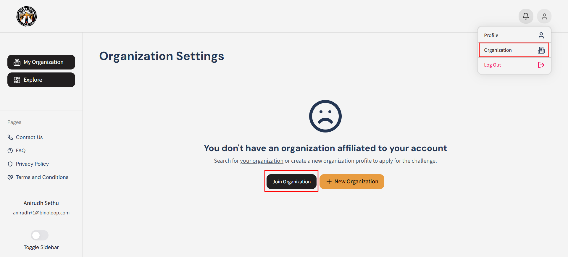 User clicking join organization