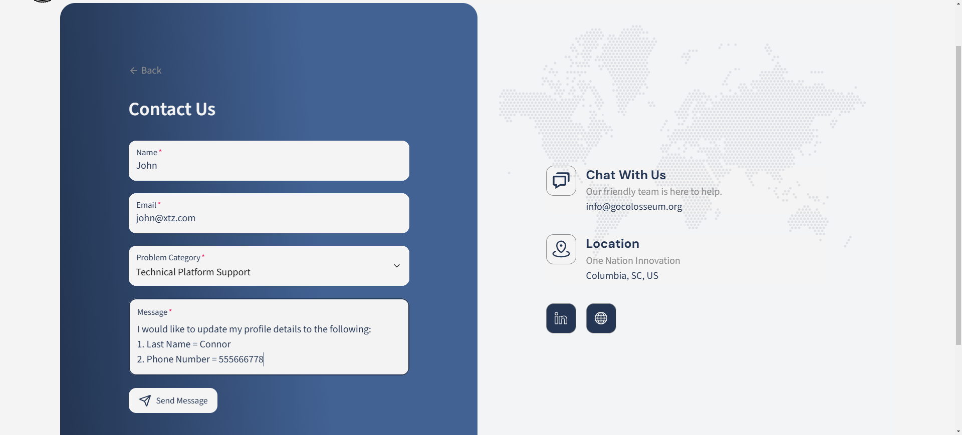User submitting a profile update request via the support section
