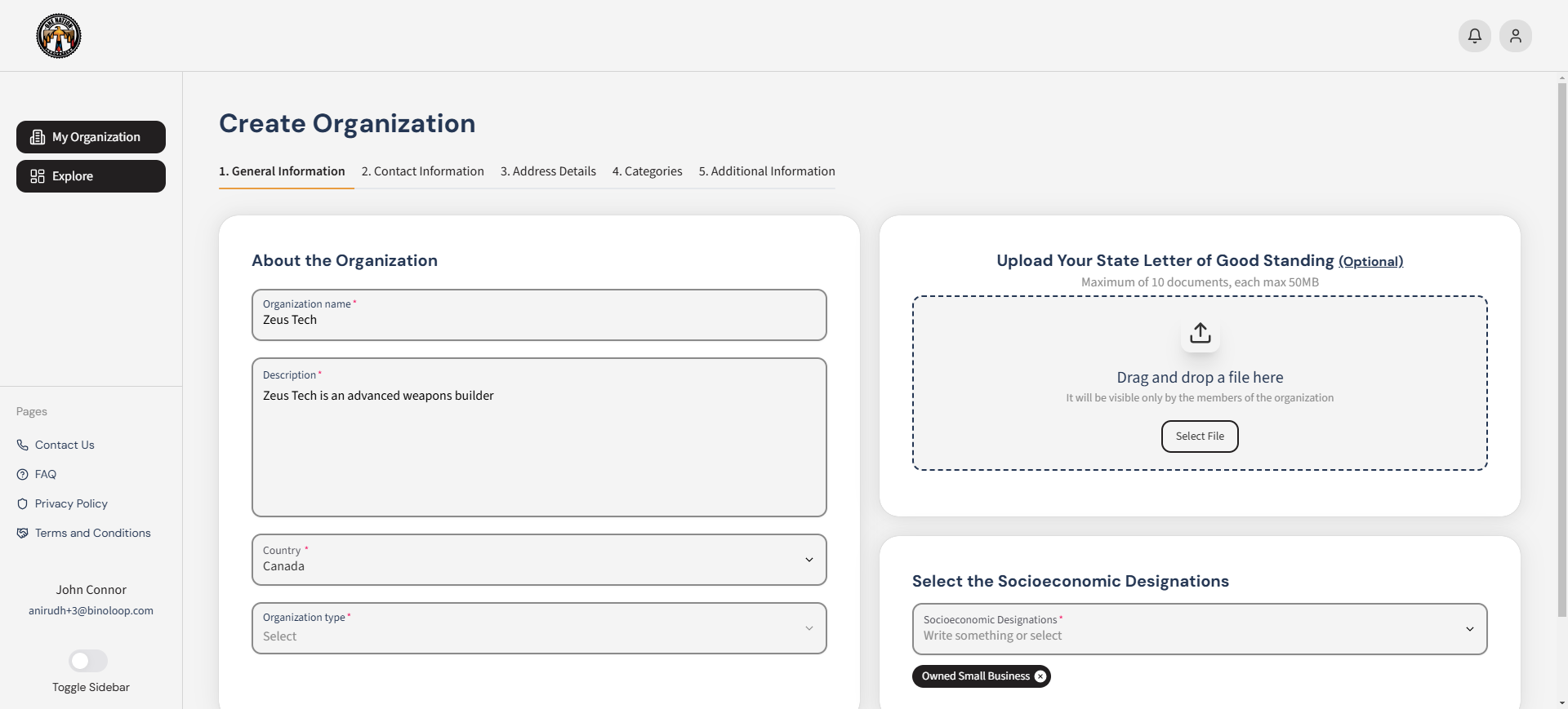 User creating a new organization through the Organization Settings