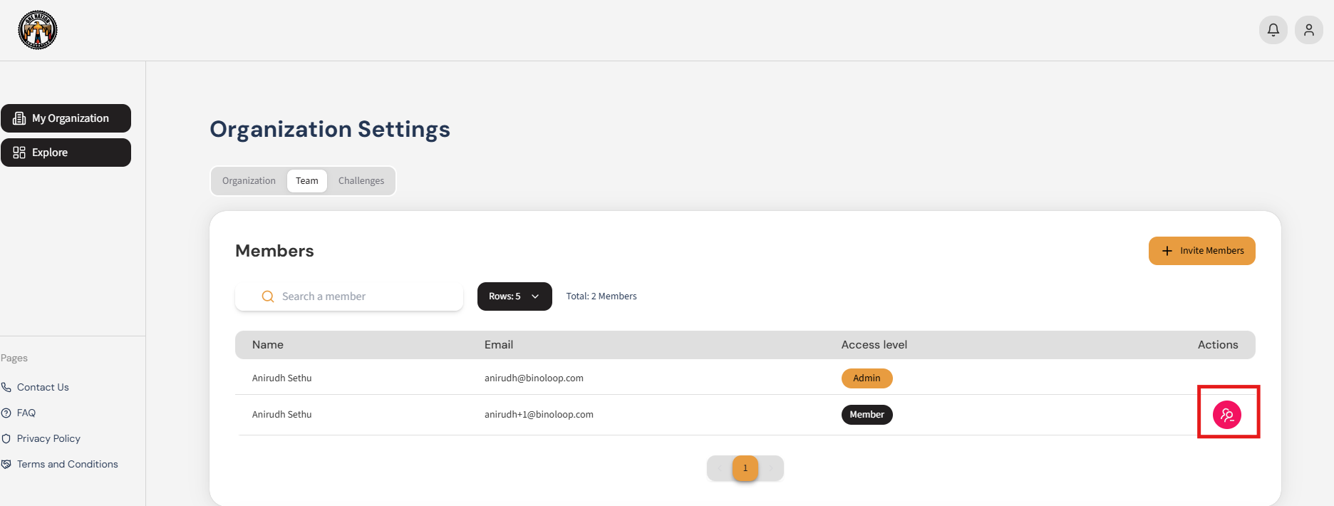 Admin removing an organization member in the Teams Tab