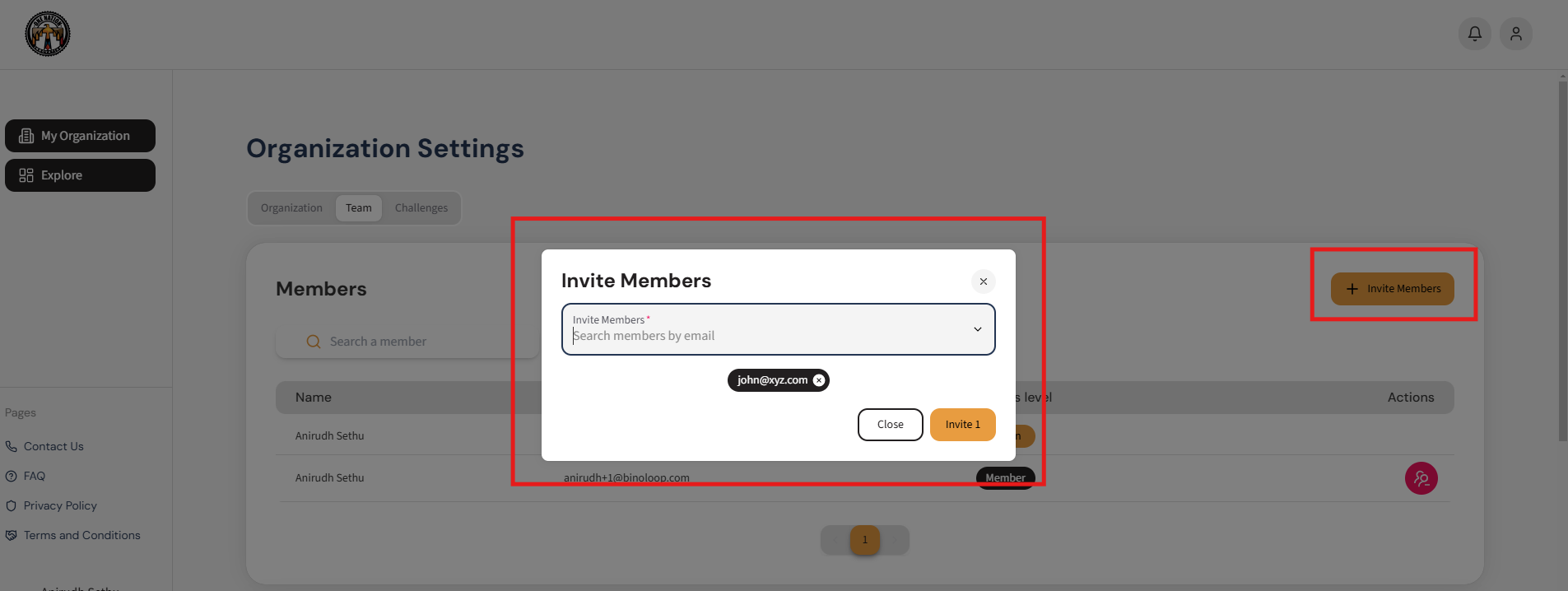 Admin inviting new members using the Invite Members feature