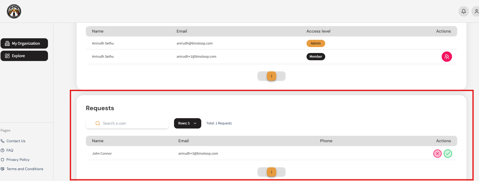 Org Admin reviewing and managing user requests in the Teams Tab