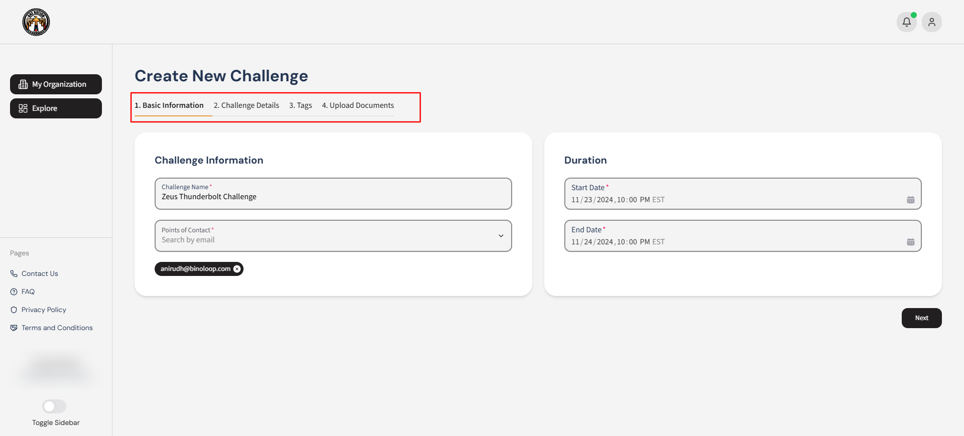 Admin creating a new challenge