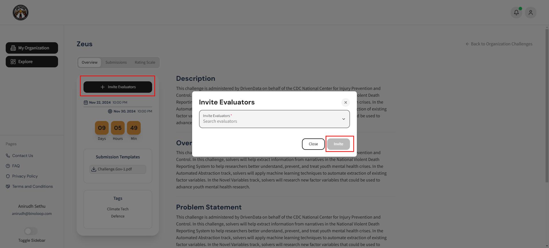 Admin inviting evaluators to a challenge using the Invite Evaluators feature