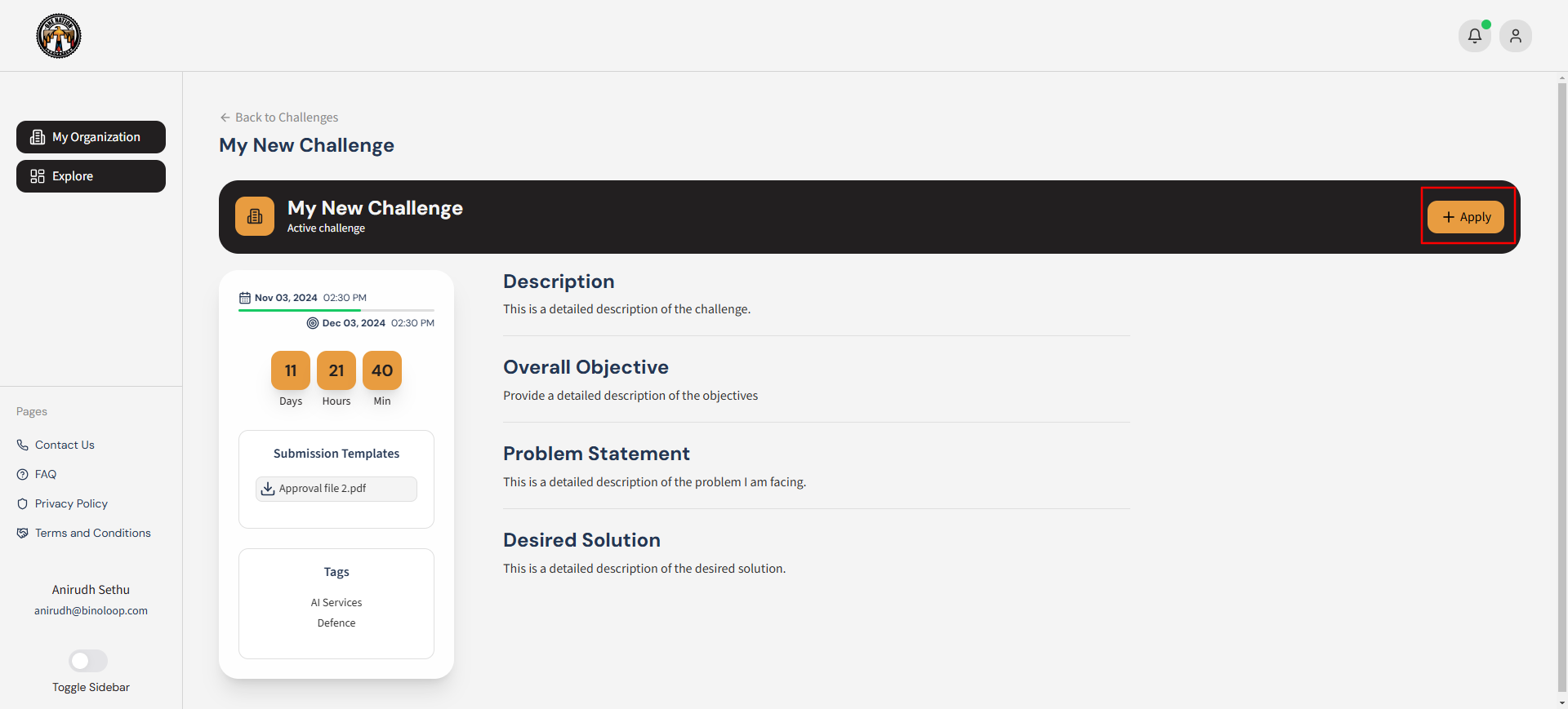 Member applying to a challenge using the Challenges Tab